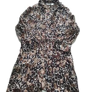 Chicos Tunic 0 Small Black Brown Geometric Print 100% Silk Button Art to Wear